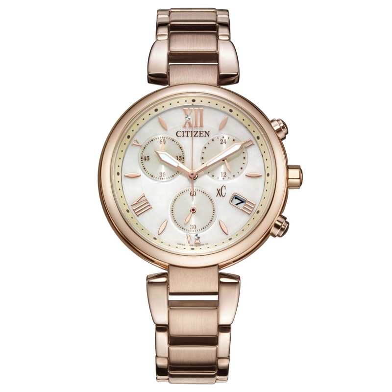 Citizen西铁城 xC系列 光动能手表时尚简约轻奢三眼樱花粉女表FB1452-58W 玫瑰金