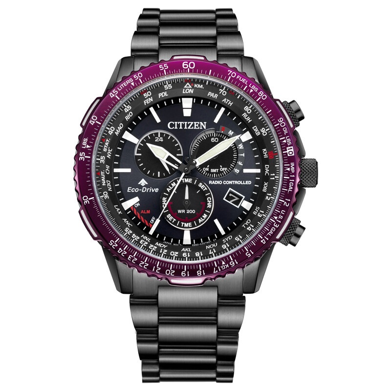 Citizen西铁城 光动能电波手表时尚炫酷黑红男表CB5009-55E 紫色