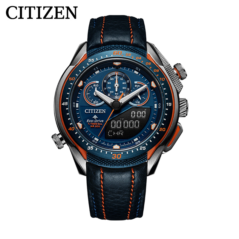 Citizen西铁城 光动能手表世界计时款三眼蓝盘皮带时尚运动男表 JW0149-10L 深蓝色