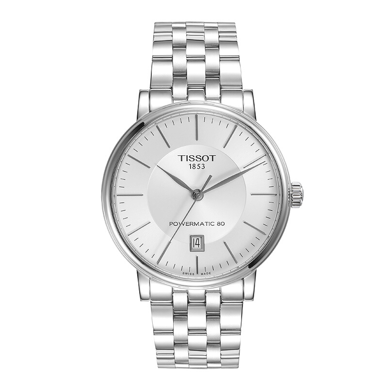 天梭（TISSOT）瑞士手表 卡森臻我系列腕表 钢带机械男表T122.407.11.031.00 白色