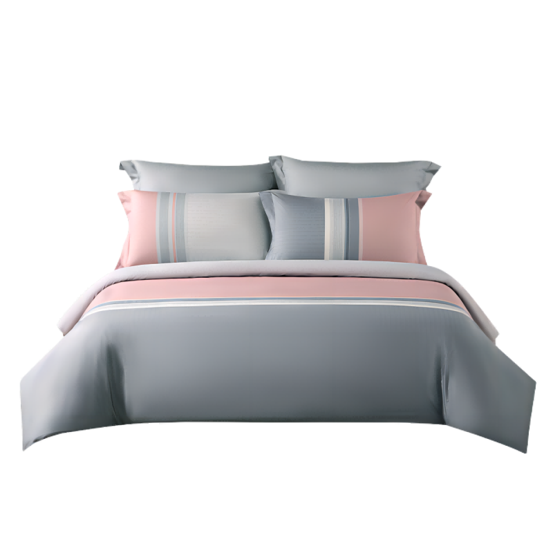 水星家纺四件套2m*2.3m粉色灰色条纹全棉 礼&middot;春时入梦 适用于1.5m床 简约大气 浅灰色