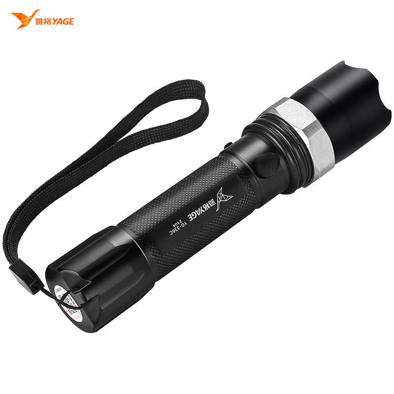 雅格 LED变焦强光铝合金手电筒远射程三挡调光 锂电池防水户外应急灯3wYG-336 黑色