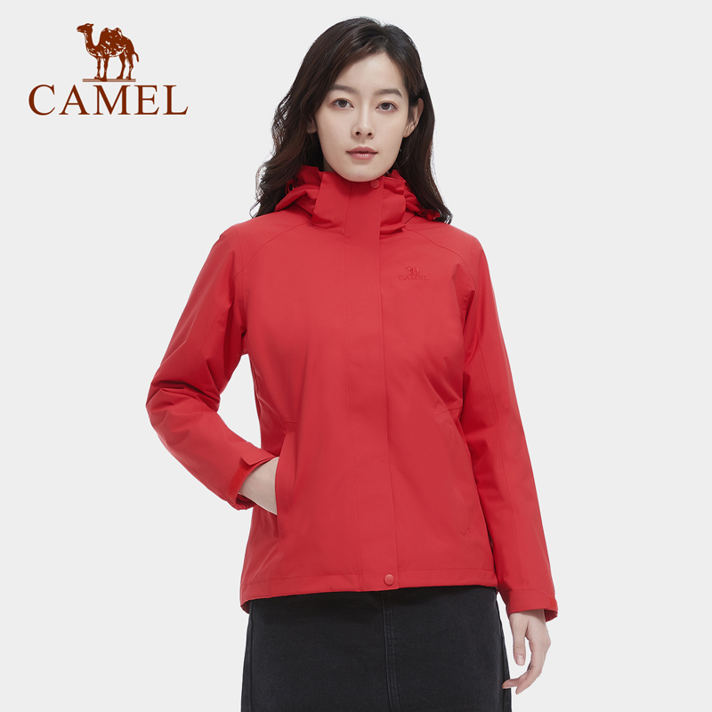 骆驼三合一可拆卸女冲锋衣保暖耐磨简约时尚防风防水户外出行服 V1W145377 件 中国红 L