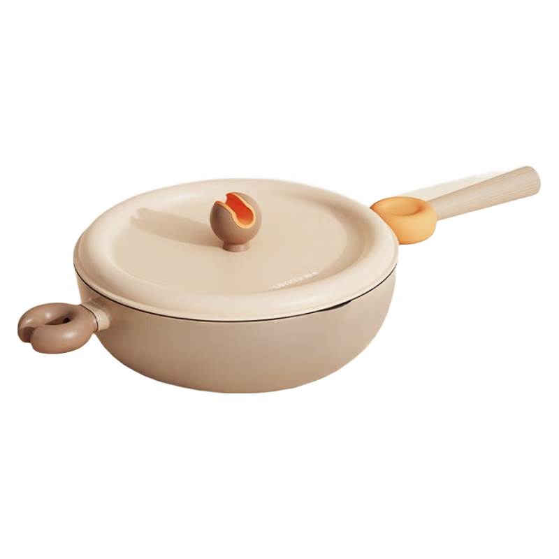 懒米铃铛炒锅麦饭石不粘锅家用多功能通用28cm炒锅+蒸屉（太妃糖）（单位：台） 太妃糖
