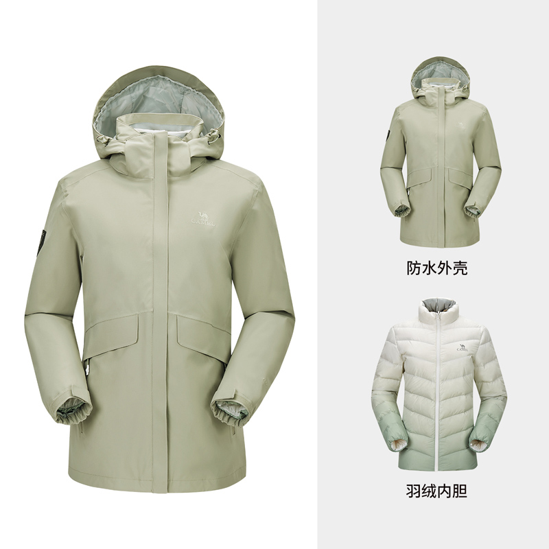 骆驼冲锋衣羽绒内胆男女三合一运动高蓬羽绒服内胆加厚保暖服 7A22263735件 银化绿 S