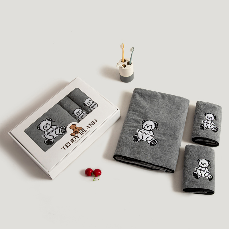 泰迪贴布绣速干毛浴巾深灰TD3704 毛巾35*75cm*2；浴巾70*140cm*1（单位：套） 深灰