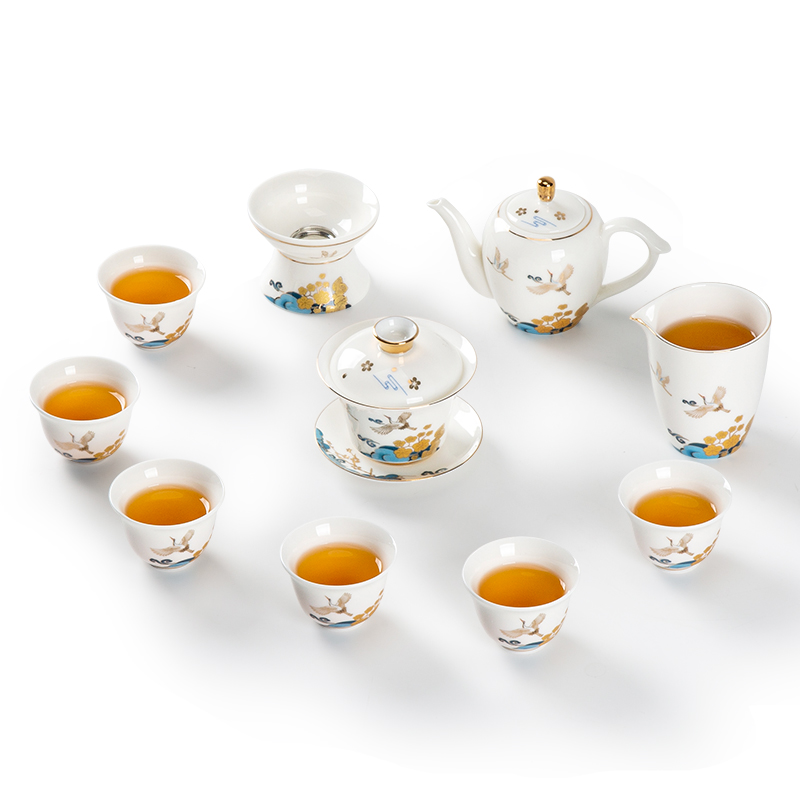 金镶玉 花间云鹤羊脂玉瓷 功夫茶具套装 10件套(单位 : 套) 白色
