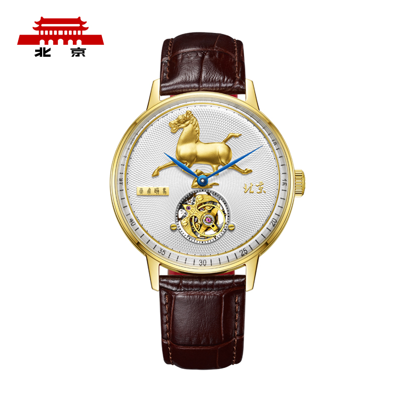 北京手表马踏飞燕陀飞轮手动机械手表男防水高端国表名表礼物男士腕表 踏马飞燕-BG950501／只 金色