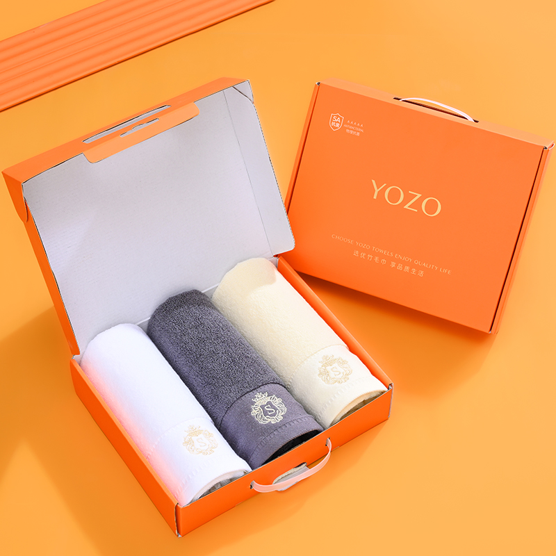 YOZO优竹世家 格鲁斯-3 5A抗菌纯棉毛巾三条礼盒装 白色 米色 蓝色 灰色（单位：套） 随机