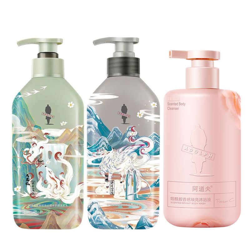 阿道夫茶麸冰护理专研无硅油洗发水(祛油止痒)350ml-山海经+护发素350ml-山海经+沐浴液35 混色