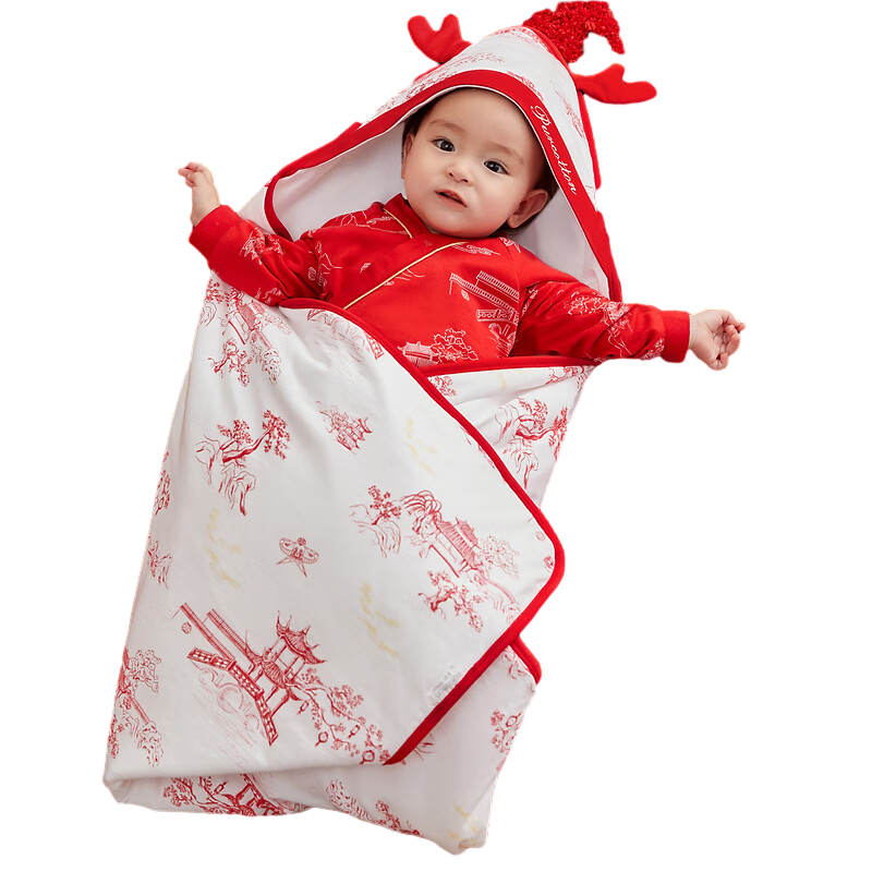全棉时代婴儿针织厚款抱被 90cm&times;90cm 亭台画卷 1件装红款 红色