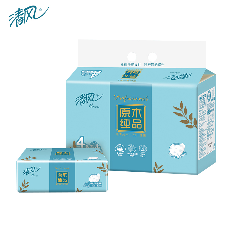 清风 原木纯品3层100抽四叶草压花抽纸4包*6提/箱整箱装BR40AQ BR40AQ