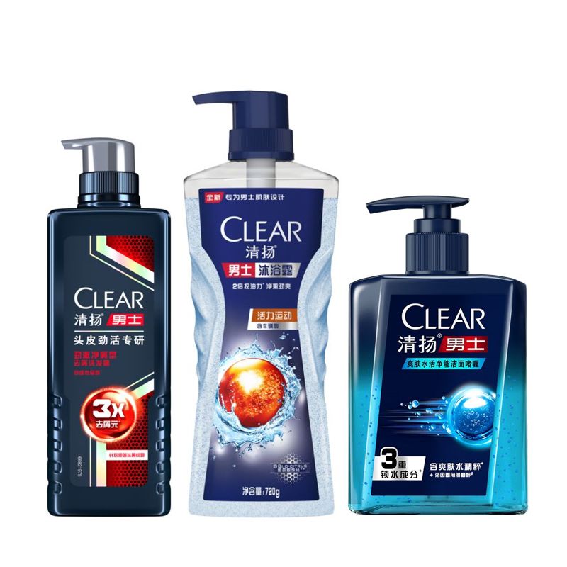 清扬男士头皮劲活专研去屑洗发露劲澈净屑型480G+男士平衡控油沐浴露活力运动720G+士爽肤水活净能 混色