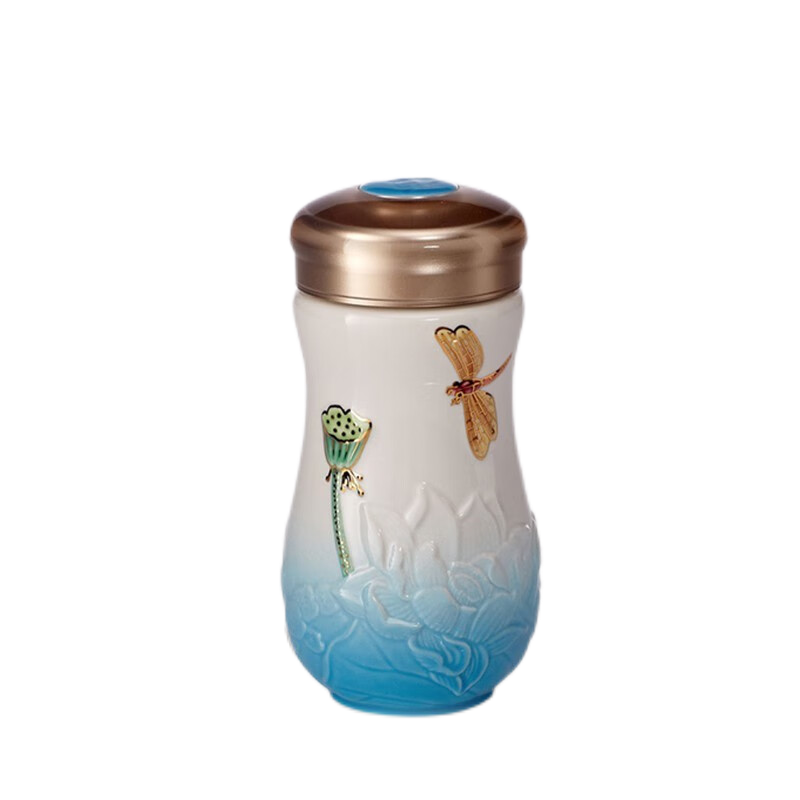 乾唐轩活瓷杯小蜻蜓夏荷陶瓷杯国风马克杯水杯 380ML彩釉+手工描金（单位：只） 颜色随机