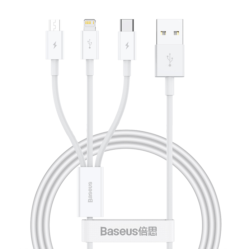 倍思 优胜系列 一拖三快充数据线 USB to M+L+C 3.5A 1m  单位：条 星光白
