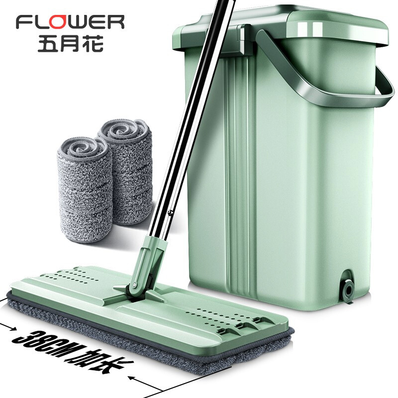 五月花 特大号刮刮桶免手洗38cm平板拖把 干湿两用拖布 家用墩布网红懒人地拖 2块配布单位：套 绿色