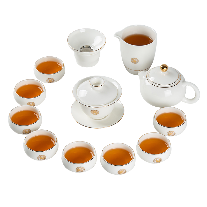 金镶玉 功夫茶具套装 采薇羊脂玉瓷描金茶具套装 白色