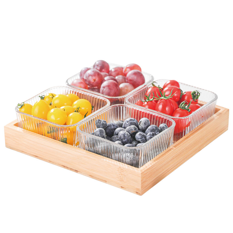 乐唯诗多功能竖纹果盘五件套300ml*4+竹托盘*1 白色