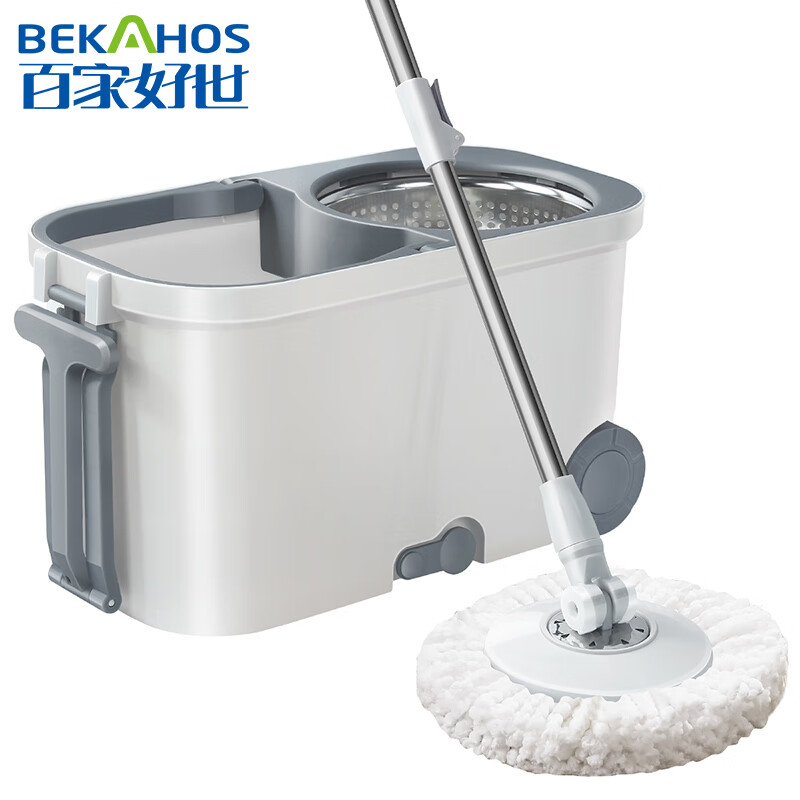 百家好世新款自由行旋转拖把--白色小杆塑料盘2头 旋转拖把 2头