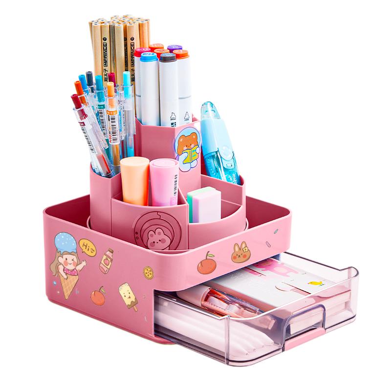 猫太子360度旋转笔筒收纳盒学生可爱创意时尚桌面办公室个性简约儿童女上班族多功能摆件M9157  个 粉色