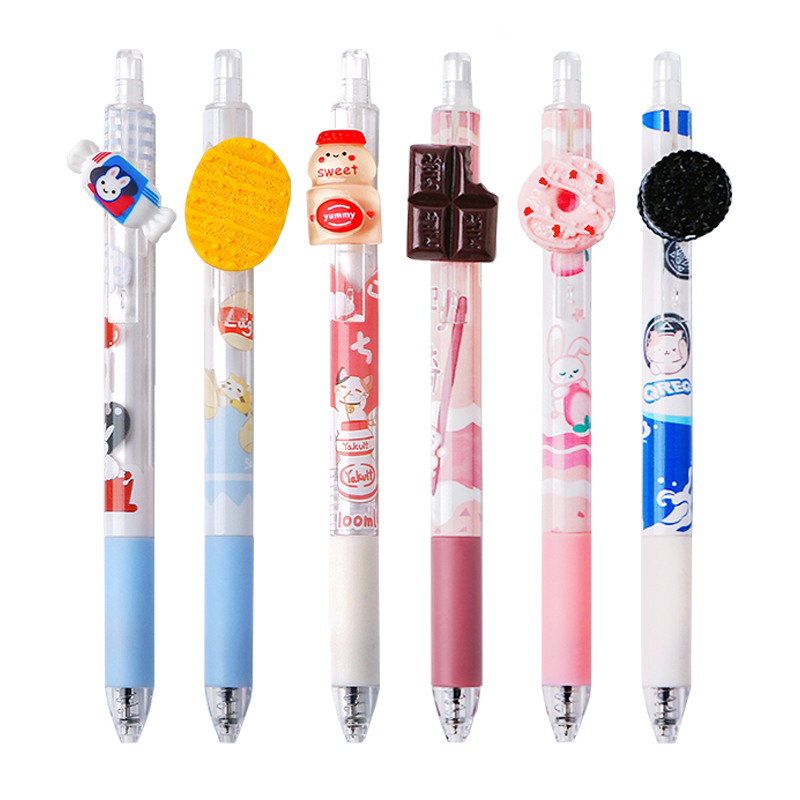 三年二班 6支装ST笔头可爱小零食系列按动中性笔 学生用刷题考试黑色水性笔速干顺滑高颜值黑笔 黑色