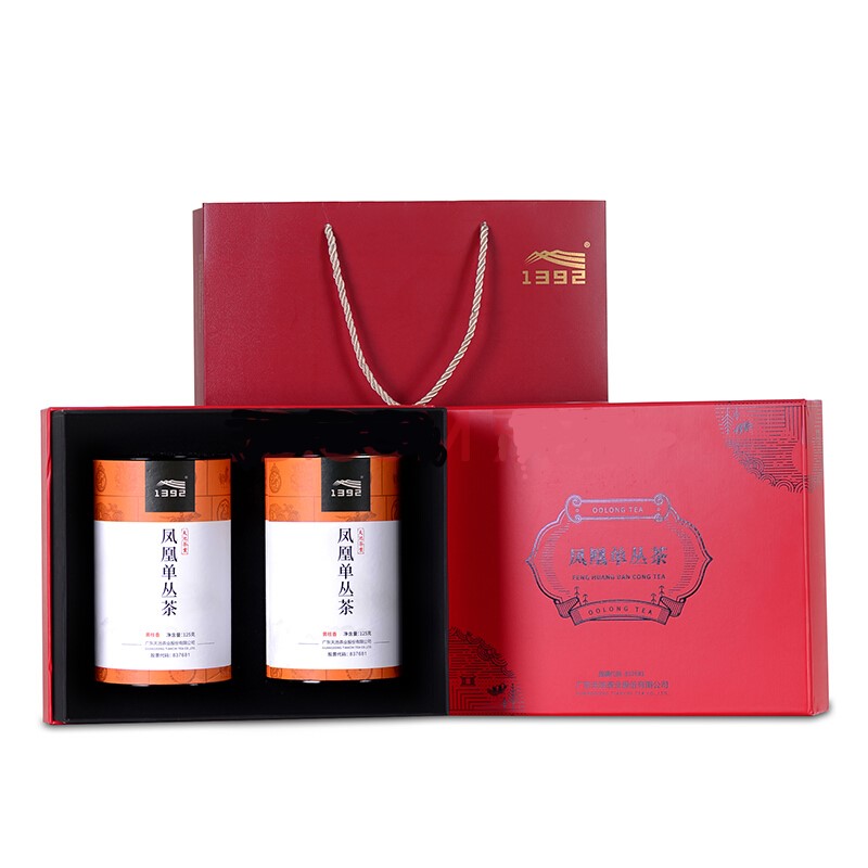 天池1392茶叶凤凰潮州单枞茶鸭屎香单丛茶乌龙茶高山乌岽单丛罐装125g*2罐黄枝香礼盒装250g 红色