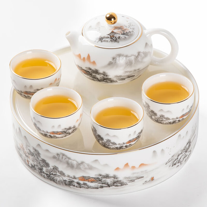 金镶玉 水墨江山一壶四杯羊脂玉瓷套装 本白色