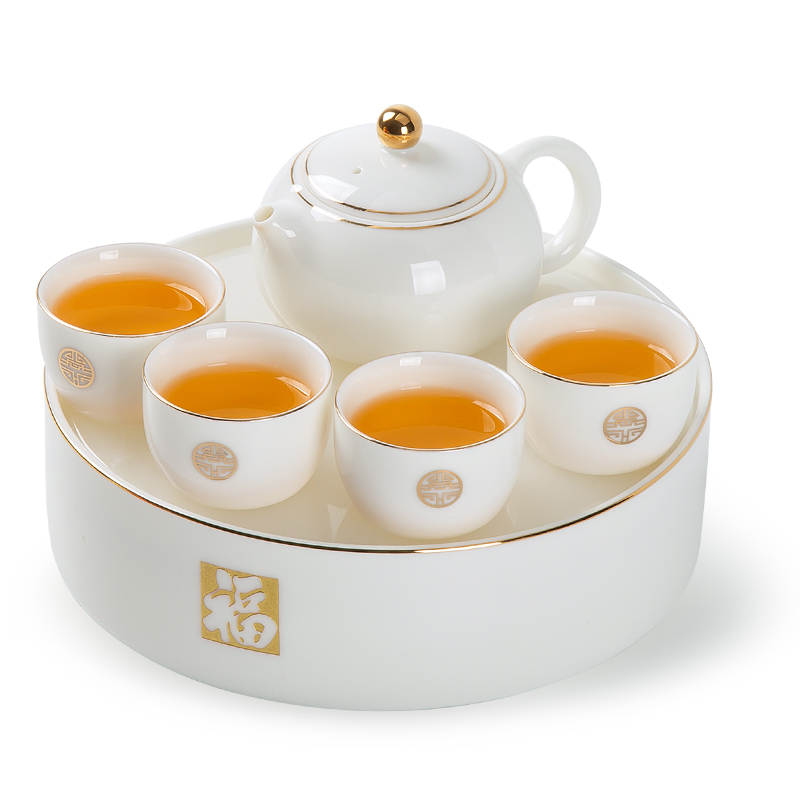 金镶玉 福字安康一壶四杯羊脂玉瓷茶具套装 本白色