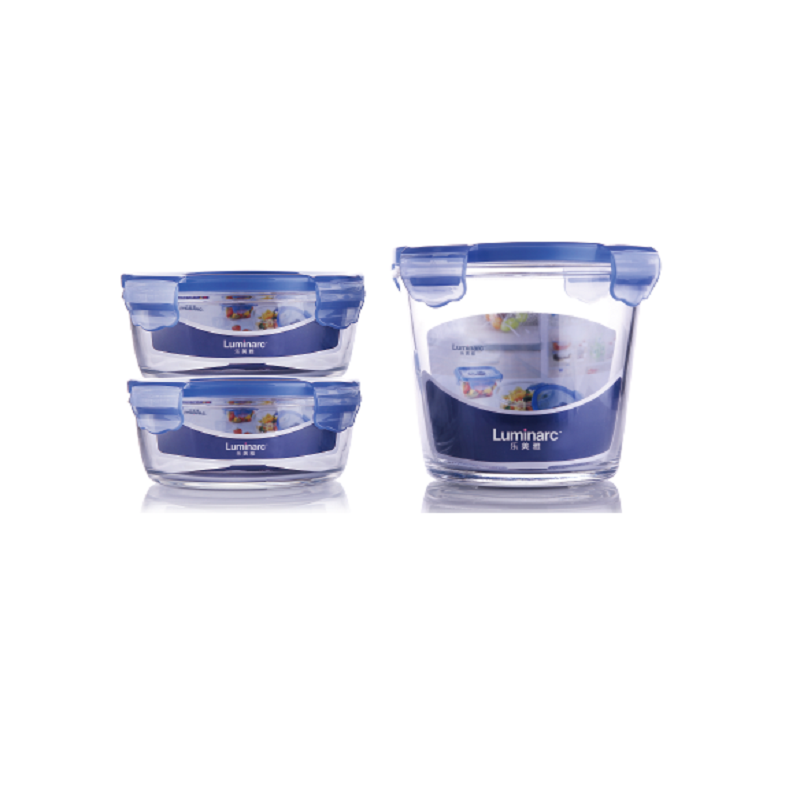 乐美雅蓝色花朵纯净保鲜盒三件套 05153 385ML+J5149 670ML+J5151 420M 透明玻璃