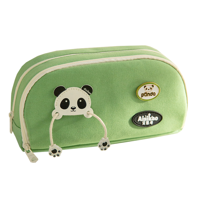 三年二班 熊猫胸针笔袋大容量初中文具盒高中生铅笔盒简约笔盒小学生文具袋帆布铅笔袋/个 熊猫绿色款