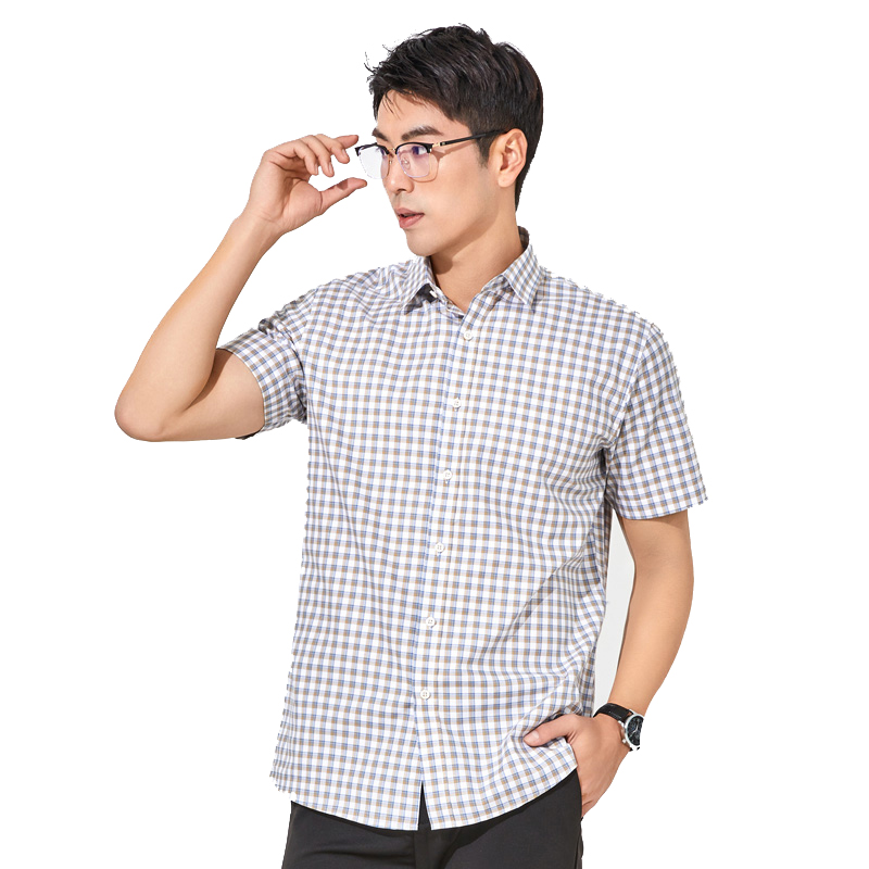 丰讯衬衫夏季短袖休闲格子纯棉方领商务简约男士FXPD2410（单位：件） 黄格 170