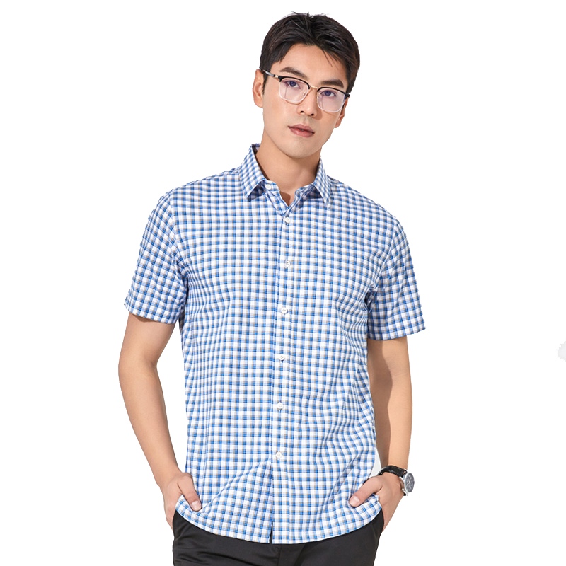 丰讯衬衫夏季短袖休闲格子纯棉方领商务简约男士FXPD2410（单位：件） 蓝格 190