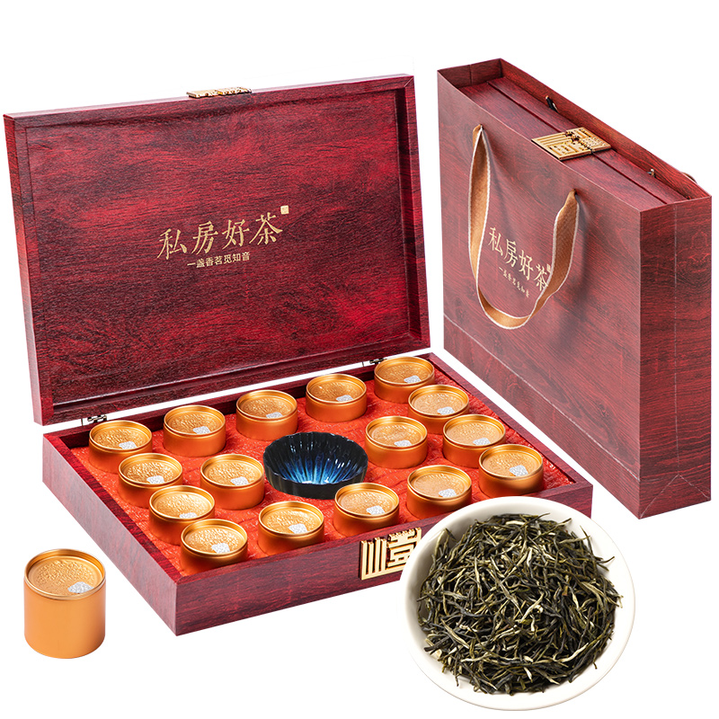 印象堂茶叶毛尖新绿茶16小罐共240g礼盒装配主人杯茶具礼品送长辈（单位：盒） 褐色