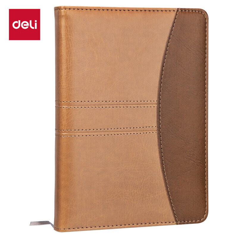 得力(deli)25K160张加厚复古棕咖拼接皮面本 会议记事本笔记本子7921  单位：本 咖啡棕