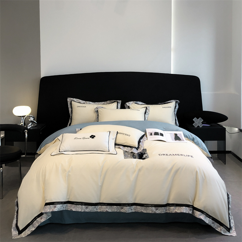 帛享家纺 全棉刺绣拼边四件套 单位（套）BXCSY-41451 奶昔白+海清 被套200*230CM四件套