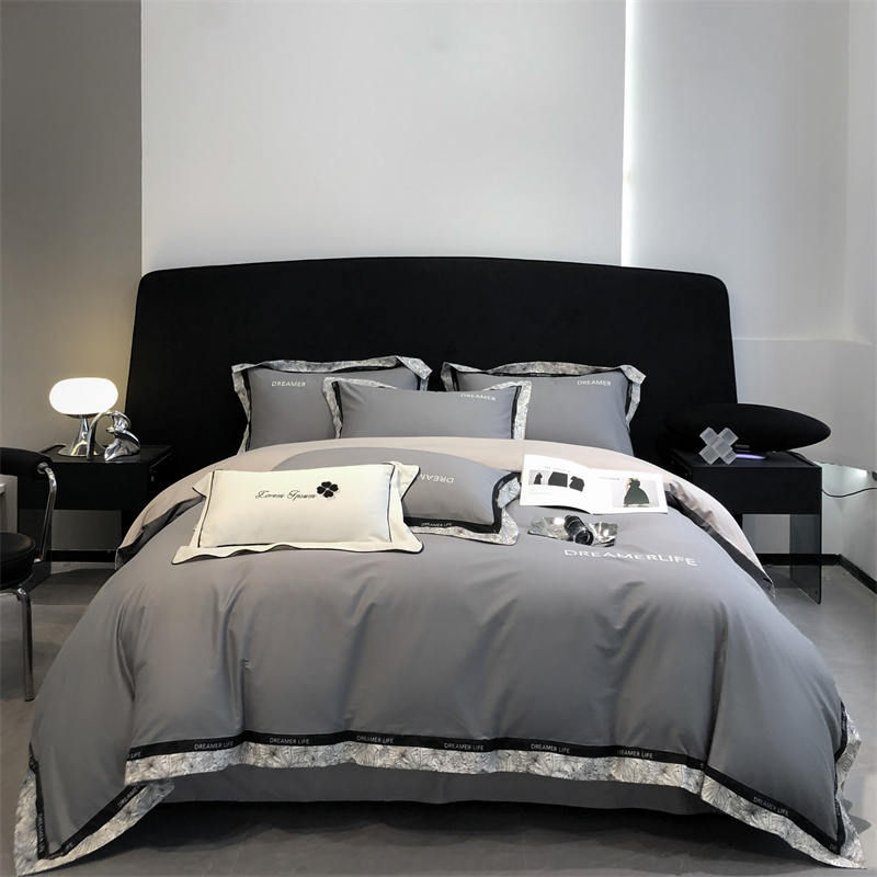 帛享家纺 全棉刺绣拼边四件套 单位（套）BXCSY-41451 中灰+山灰 被套200*230CM四件套