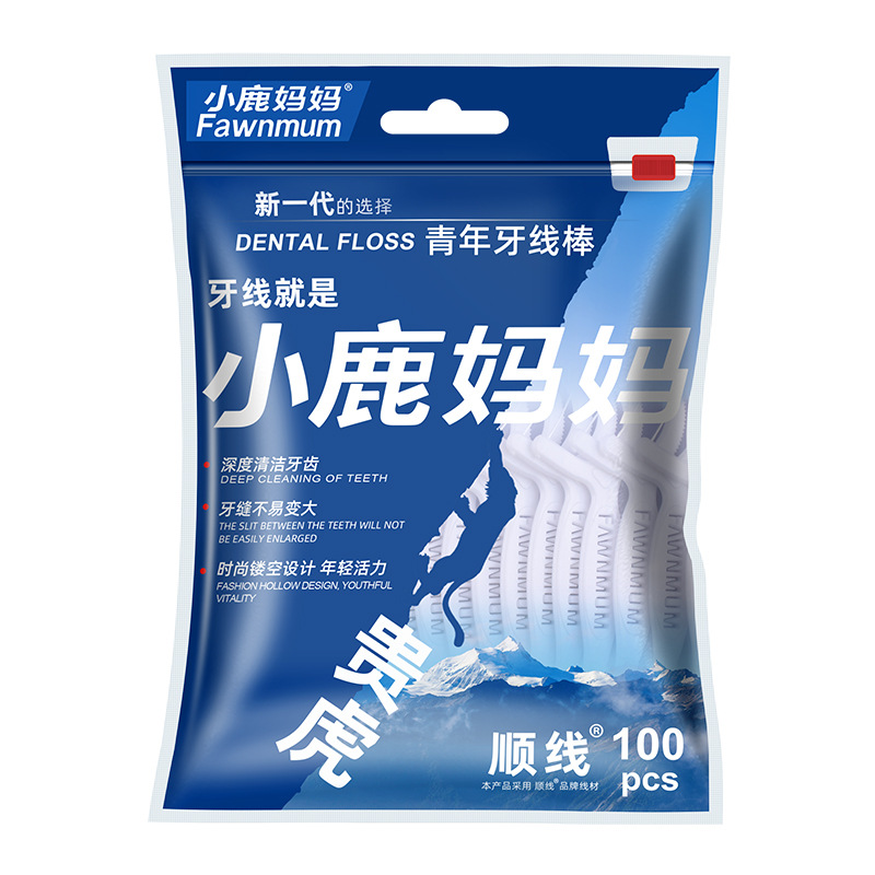 小鹿妈妈（FAWNMUM）细滑圆线牙线棒牙签100支/袋*6（单位：袋） 蓝色