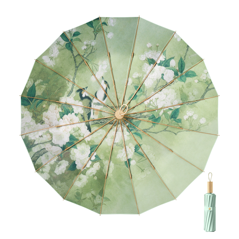 美度三折16骨彩胶太阳伞女晴雨两用防晒防紫外遮阳伞国风插画系列M3165（单位：把） 绿叶莺歌