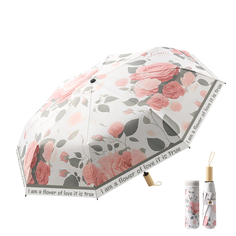 美度太阳伞女防晒防紫外线晴雨两用黑胶清新插画遮阳伞实木柄折叠M3332（单位：把） 玫语花香