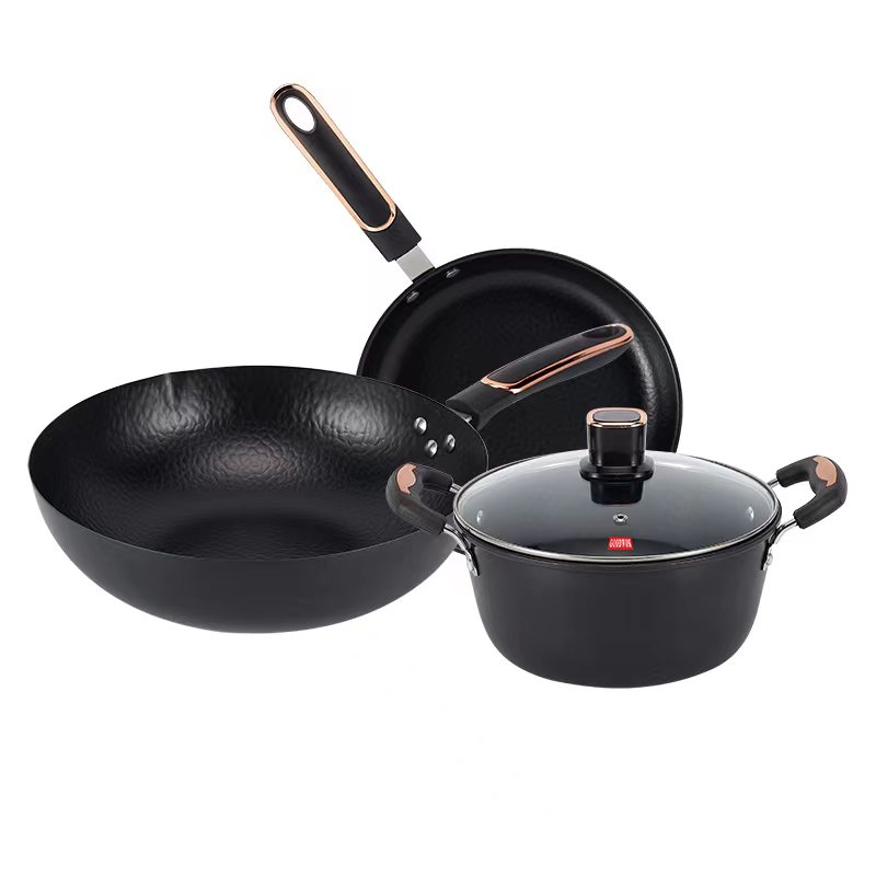 百斯克 古法章丘精铁套锅三件套 BSK-TG2303-05 炒锅32cm+汤锅24cm+煎锅26cm 黑色（单位：套）