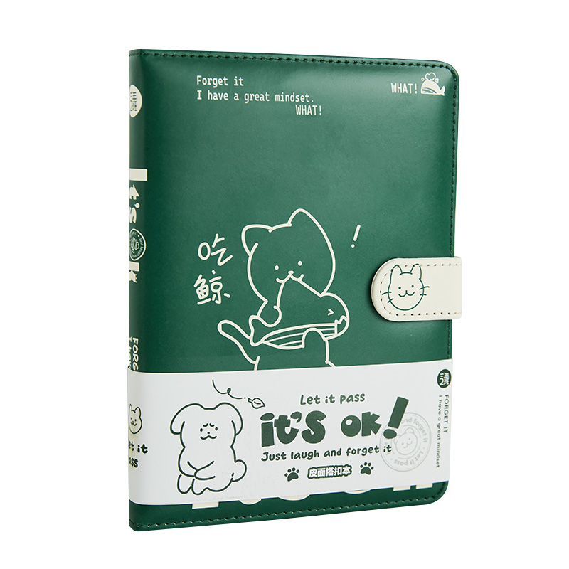 三年二班 绿色动物加厚带扣皮面本笔记本子学生会议记事本文艺精致日记本办公用记录本/本 吃鲸