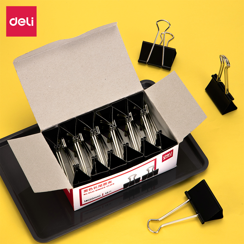 得力50mm超大号金属黑色长尾夹/票据夹/燕尾夹/票据文件夹子 12只/盒 办公用品 9541 黑色