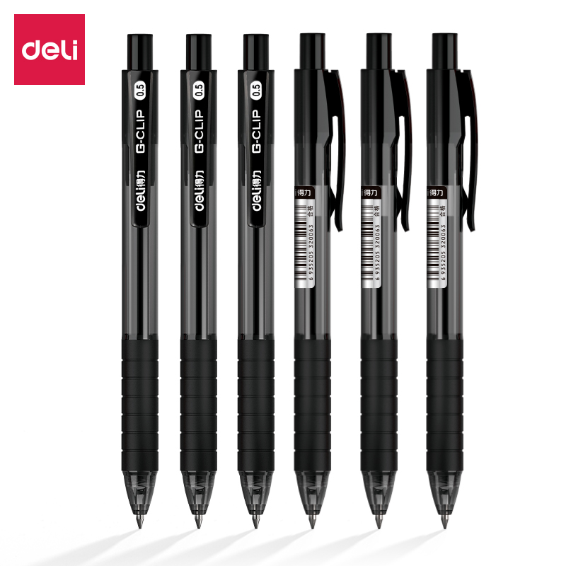 得力(deli)中性笔签字笔 0.5mm子弹头水笔按动笔 办公用品 黑色 12支/盒S06 黑色