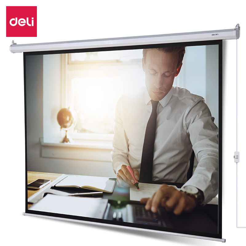 得力100英寸 4:3电动调节投影幕布投影布 适配坚果极米当贝 投影幕布50492单位：副 白色