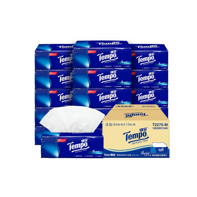 得宝Tempo无香抽纸4层加厚90抽15包（单位：箱） 本白色