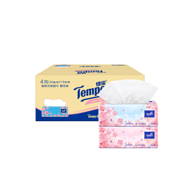 得宝（TEMPO）抽纸 樱花味90抽*16包（单位：箱） 本白色