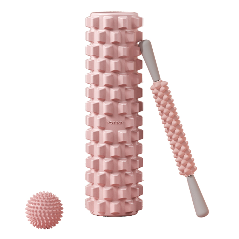 YOTTOY 狼牙棒实心健身器材泡沫轴肌肉放松按摩滚轴轮琅琊瑜伽柱三件套 粉色