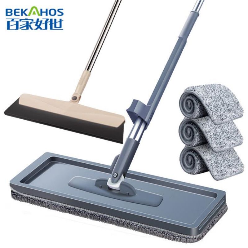 百家好世 包胶简约免手洗平拖灰色标准3布+魔术扫把（单位：套） 拖把+扫把+3块布