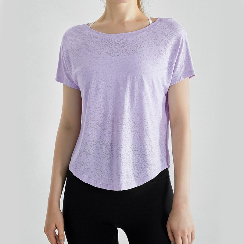 唯卡洛vincrox健身罩衫女夏速干宽松透气圆领提花后背开叉瑜伽短袖t恤女款23064（单位：件） 温柔紫 L