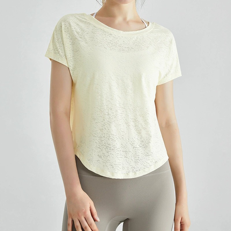 唯卡洛vincrox健身罩衫女夏速干宽松透气圆领提花后背开叉瑜伽短袖t恤女款23064（单位：件） 米黄 S